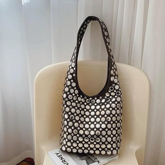 Neiman Marcus Studded Y2K Rivet Hobo Bucket Purse - Picture 3 of 8
